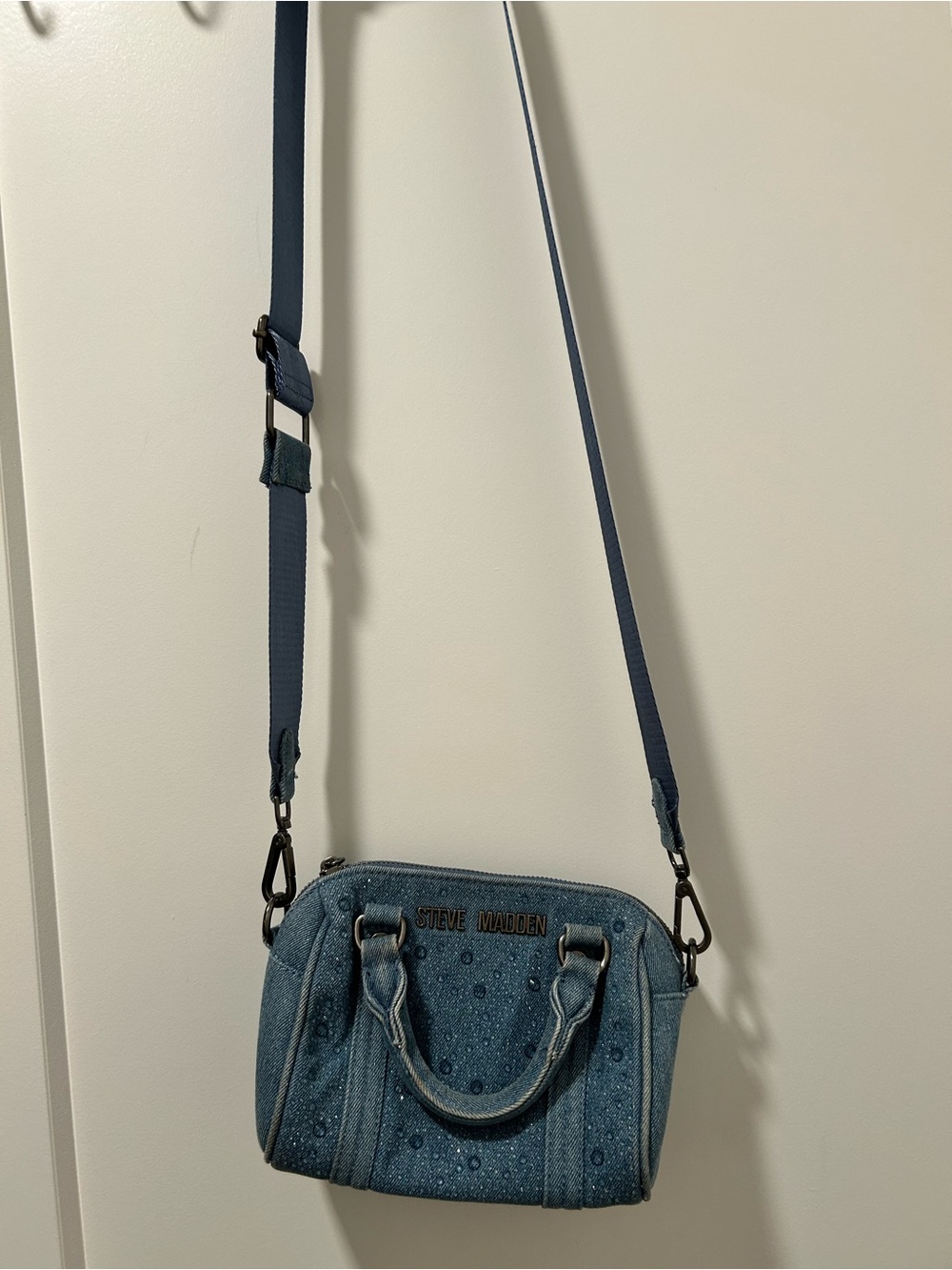 Steve Madden BDenny Stone Denim Rhinestone Mini Crossbody Satchel Bag